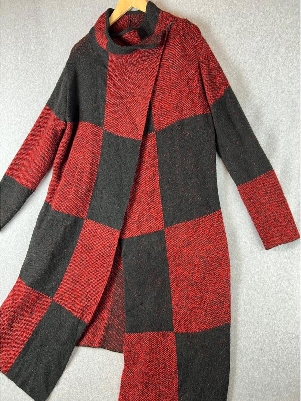 Checkered Trench Long Cardigan Knitted Sweater Womens M Classic Colorblock - Picture 3 of 12